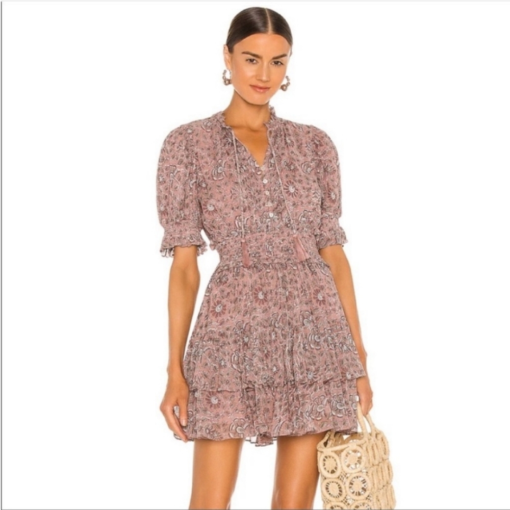 Cleobella Dusty Rose Floral Paisley Smocked Tiered Mini Dress Short Sleeve S
